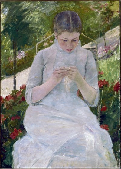 Žena šijící (olej na plátně od Mary Stevenson Cassatt