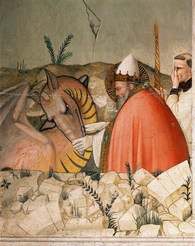 Epizody silvestrovského života: Papež Svatý Silvestr I. (Silvester nebo Silvestro) (314-335) zavírá drakovi tlamu. Detail. Freska od Maso di Banco (známá kolem 1341-1346) Florencie 14. století, Chiesa di Santa Croce, Cappella Bardi od Maso di Banco