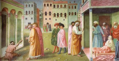 Uzdravení mrzáka a vzkříšení Tabity od Masolino da Panicale