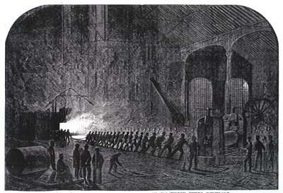 Proces válcování pancéřových plátů pro lodě Jejího Veličenstva v Alas Steelworks, Sheffield, ilustrace z „The Illustrated London News“, 14. září 1861 od Mason Jackson