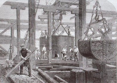 Pohled na stavební práce probíhající na Blackfriars Bridge pro London, Chatham a Dover Railway ukazující potopení válce pro jedno z kruhových kamenných mol od Mason Jackson