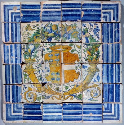 Dlažba s pažemi Madeleine de Savoie. Fajáns z Masseot Abaquesne (známý mezi 1526-1564) 16. století Enouen. Národní muzeum renesance od Masseot Abaquesne