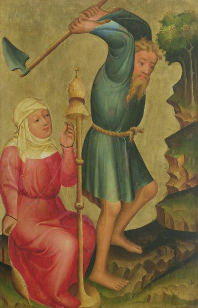 Adam a Eva při práci, detail z Grabow Altarpiece, 1379-83 (tempera na panelu) od Master Bertram of Minden