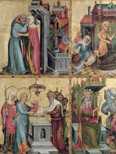 Setkání u Zlaté brány a prezentace v chrámu, od Buxtehudského oltáře, 1400-10 (tempera na panelu) od Master Bertram of Minden