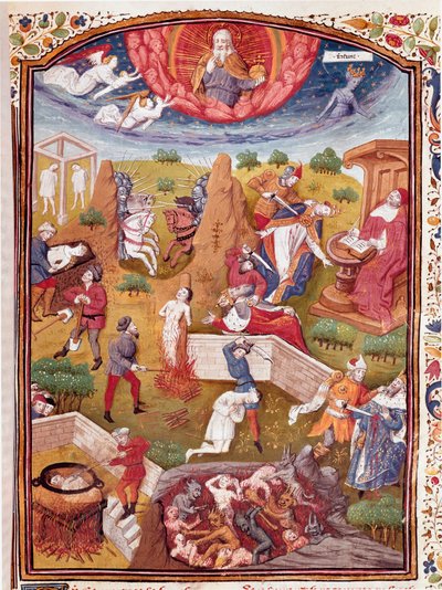 Boccaceho vize: scéna mučení, oběšení, masakr Miniatura převzatá z knihy "Případy neštěstí urozených mužů a žen" (De casibus) od Giovanniho Boccaccia dit Jeana Boccaceho (1313-1375), italského spisovatele, přeložil Laurent de Premierfait a enlumine t od Master Dunois