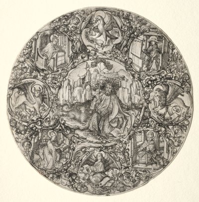Svatý Jan Křtitel, obklopený evangelisty a čtyřmi otci latinské církve, 1466. od Master E. S.