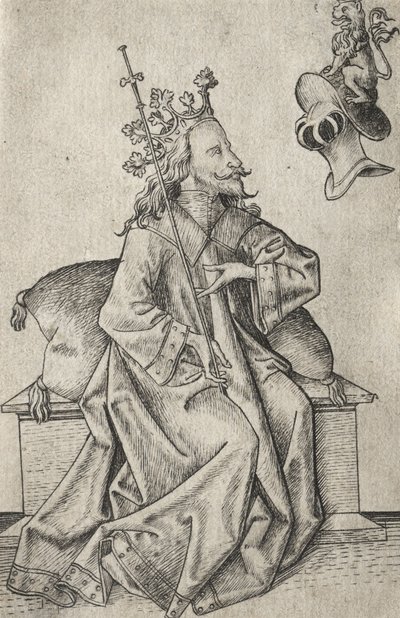 Malé hrací karty: Druhý oblek: Helmy: Hrací karta s králem a helmou, od Master E. S.