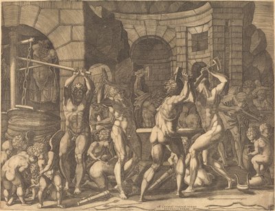 Vulcan a Cyclopes Forging Arrows od Master FG, after Francesco Primaticcio