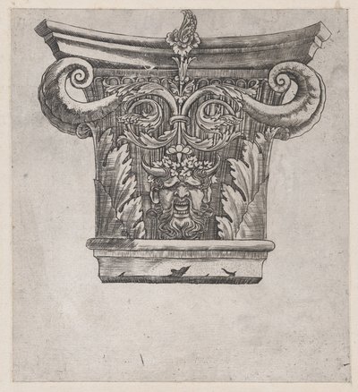Římské zrcadlo velkoleposti: Kapitál s hrachovými volutami a hlavou satyra, ca. 1537, ca. 1537 od Master GA