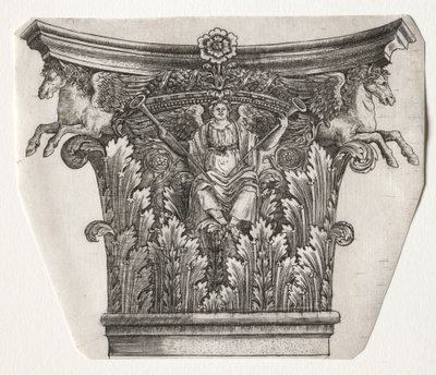 Základna a hlavní město s figurou slávy a kapitálem okřídlených koní, c. 1525-1550. od Master G. A. with the man