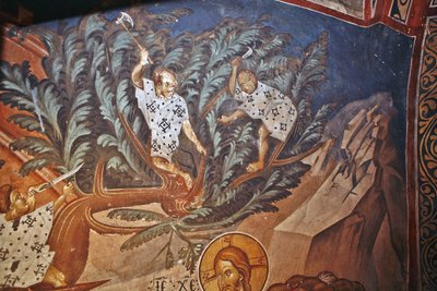 Vjezd Krista do Jeruzaléma. Detail: Děti řezající větve palmy, 14. století od Master Gerasime