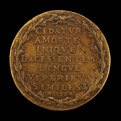 Nápis ve vavřínovém věnci [revers], 1555. od Master I.A.V.F.