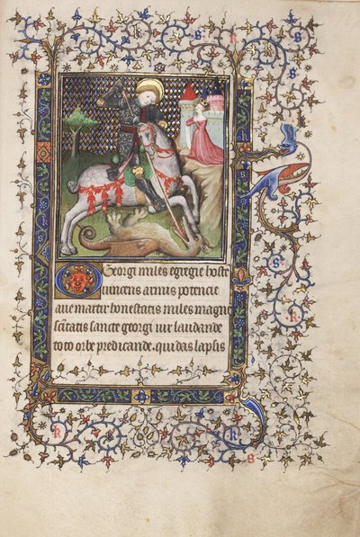 MS Widener 4 f.188r, St. George Fighting the Dragon, z Knihy hodin, použití Rennes, c.1405 (pero a inkoust a tempera na pergamenu) od Master Lucon
