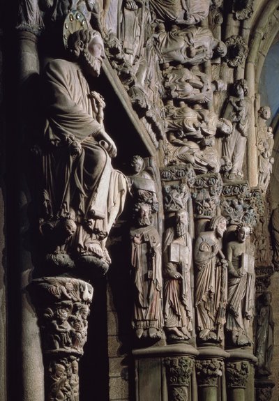 Detail Portico de la Gloria zobrazující svatého Jakuba, kámen z 12. století od Master Mateo