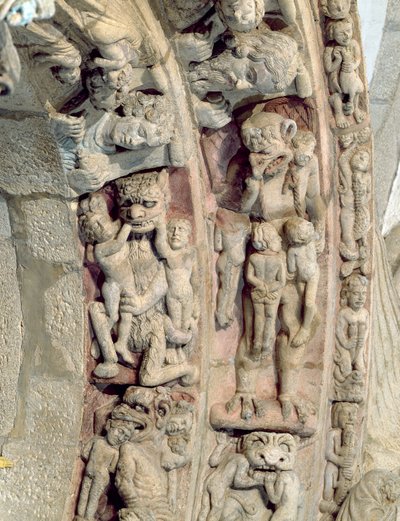 Detail Portico de la Gloria s výjevy z Pekelného kamene od Master Mateo