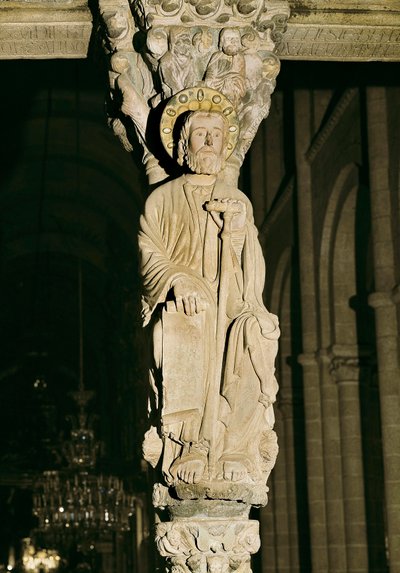 Sloupek s postavou svatého Jakuba, Pórtico de la Gloria, Cathedrale Santiago de Compostela od Master Mateo