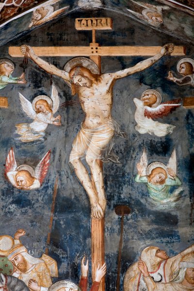 Detail ukřižování představující Krista s nápisem INRI od Master Trecentesco of Sacro Speco School