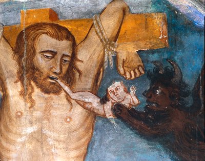 Nelitovaný zloděj, ukřižován s Ježíšem, jeho duše je vytržena z úst démonem Představení zlého zloděje, kterému říká Gesmas nebo Gestas. Freska od mistra Sacro Speco. 14. století. Vyšší církev. Klášter Saint Benedetto (Sacro Spec od Master Trecentesco of Sacro Speco School