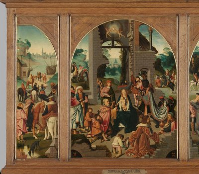 Triptych s Klaněním tří králů (uprostřed a vnitřní křídla), opatem svatého Antona (vlevo, vnější křídlo) a svatým Adrianem (vpravo, vnější křídlo) od Master of Alkmaar (attributed to)