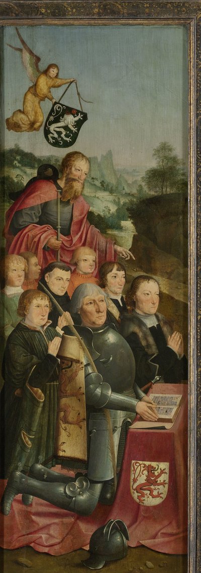 Pamětní deska s osmi portréty mužů, pravděpodobně Willem Jelysz van Soutelande a rodina, se svatým Jakubem Větším a rodovým erbem Van Soutelande, vnitřní levé křídlo oltářního obrazu od Master of Alkmaar