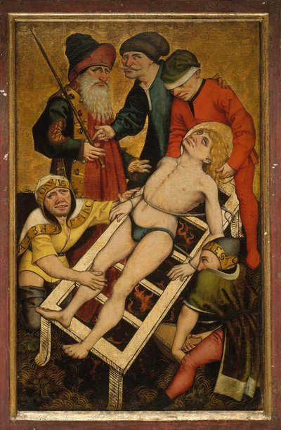 Umučení svatého Vavřince, reverzní Dávání pití žíznivým. od Master of Alkmaar