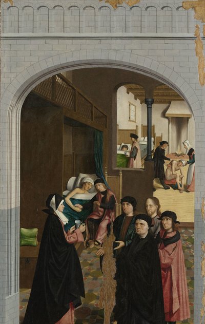 Sedm skutků milosrdenství Panel polyptychu se sedmi skutky milosrdenství: navštěvovat nemocné od Master of Alkmaar