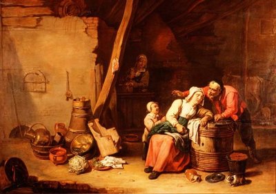 Stodola s rolníkem, který probouzí starou dámu od Master of Beguins