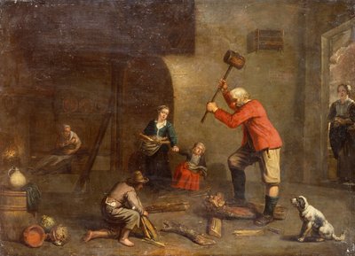 Kuchyně se starým mužem, který řeže dřevo (olej na plátně) od Master of Beguins