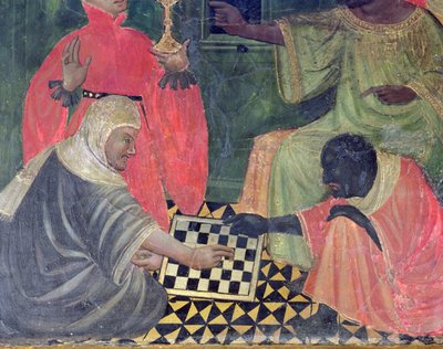 Maur a křesťan hrající šachy, z oltářního obrazu SS Nicholas, Claire a Anthony Abbot (tempera na panelu) od Master of Castellitx