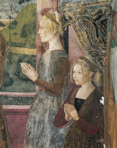 Itálie, region Piemont, provincie Alessandria, Serralunga di Crea, Sacro Monte di Crea, svatyně Santa Maria Assunta, kaple svaté Markéty Antiochijské, freska zobrazující Paleologa a Bernarda di Bosse od Master of Crea