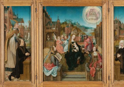 Triptych s Pannou a dítětem se svatými (uprostřed), muž dárce se svatým Martinem (vlevo, vnitřní křídlo), ženský dárce se svatým Cunerou (vpravo, vnitřní křídlo) a zvěstování (vnější křídla) od Master of Delft