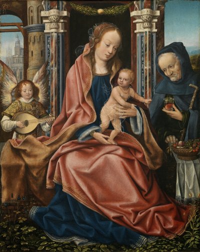 Triptych Svaté rodiny s hudbou tvořící anděly. Centrální panel, cca 1510-1520 od Master of Frankfurt