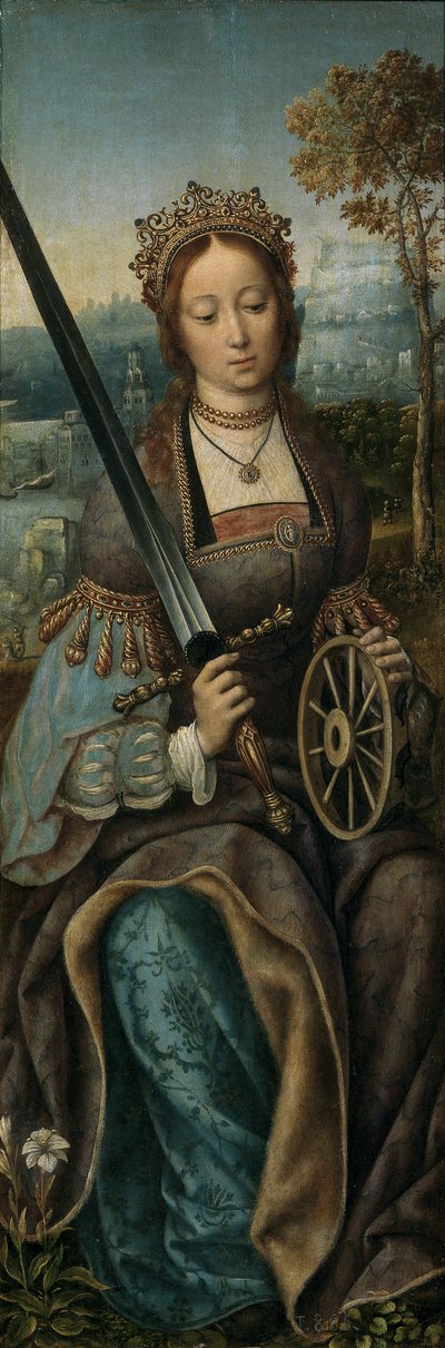 Triptych Svaté rodiny s hudbou tvořící anděly. Levý panel: Svatá Kateřina, asi 1510-1520 od Master of Frankfurt