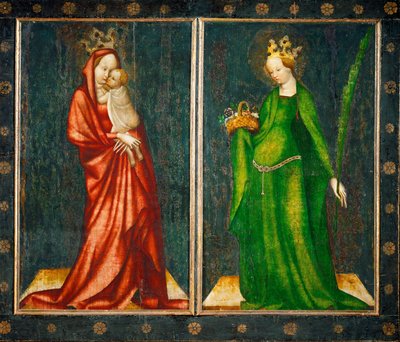 Dvě vnější desky oltáře, vlevo Madona, vpravo svatá Dorota (malba na dubovém dřevě) od Master of Heiligenkreuz