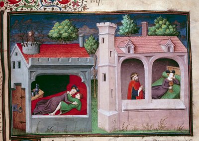 Galantní scéna: mluví dva páry. Strana francouzského rukopisu „Dekameronu“ od Giovanniho Boccaccia dit Jean Boccace (1313-1375), italského spisovatele, osvíceného mistrem Manselem. 1450. Paříž, Knihovna Arsenalu od Master of Jean Mansel