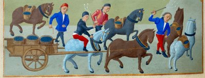 Sklizeň hroznů a doprava Detail iluminované stránky s rukopisem převzaté z „“Knihy hodin vévodkyně z Burgundska, Adelaide Savojské“ od Mistra z Adelaide Savojské (15. století) a Mistra Jeana Rolina (15. století) od Master of Jean Rolin II