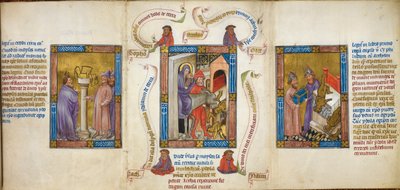 Tři scény zobrazující „Útěk do Egypta“, „Mojžíš lámající zlaté tele“ a „Dagon padající před archou“, ilustrace z „Biblia Pauperum“ od Master of Margaret of Cleves