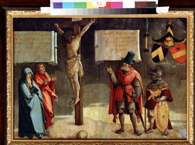 Ukřižování s dárci. Ukřižování s dárci. Obraz mistra z Messkirchu (kolem 1500-1543). Olej na dřevě. Německé renesanční umění. Muzeum výtvarných umění, Puškin, Moskva od Master of Messkirch