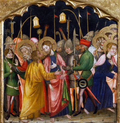Jidášův polibek od Mistra z Rubia (14. století), predela oltářního obrazu z kostela Santa Maria, Rubio, malba na dřevě. od Master of Rubió