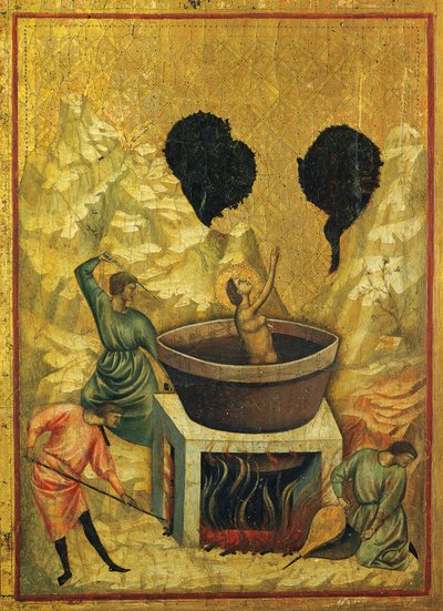 Saint Cecilia in bath of boiling water, detail of the altarpiece showing Stories of Saint Cecilia, ca 1304, the Master of Saint Cecilia (active early 14th century), tempera on panel and stamped gold leaf, 85x181 cm   1423011   cs       czech Successfully T od Master of Saint Cecilia