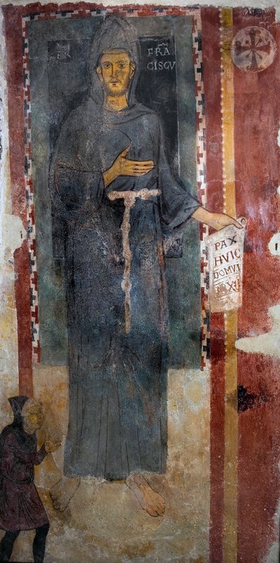 Znázornění svatého Františka z Assisi (1181-1226) Toto je jistě první zobrazení světce popraveného za života, představující bez stigmatu a bez aureoly. Drží papír nebo je napsáno latinsky „“ Pax huic Domui““ (Mír od Master of Saint Francis of Assisi