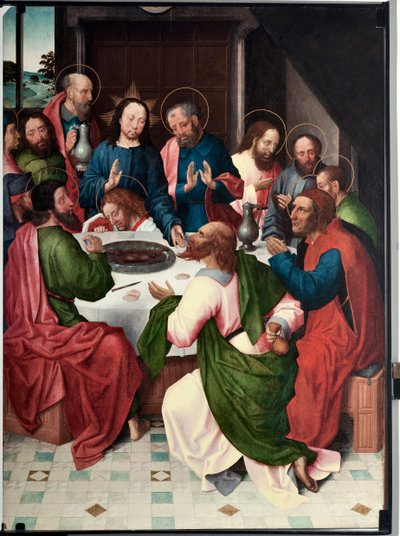 La cene (Poslední večeře) Obraz mistra San Giovanni evangelista (Svatý Jan Evangelista) (konec 15. století) Rozměr 120x90 cm Genes, Musei di Strada Nuova (ex Palazzo Bianco) inv n PB 156 od Master of Saint John Evangelist