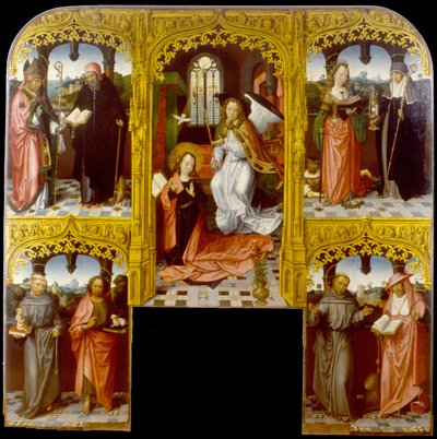 Zvěstování se svatým Lazarem a Antonym Abbotem, Kateřinou Alexandrijskou a Chiarou, Antoniem Paduánským a Janem Křtitelem, Františkem a Jeronýmem od Master of Saint John the Evanglist