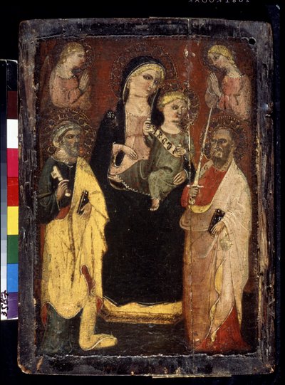 "Madona a dítě na trůnu se svatými Petrem a Pavlem" (Madona a dítě na trůnu se svatými Petrem a Pavlem) Malba na dřevě od mistra San Jacopo in Muciano (15. století) Puškinovo muzeum, Moskva od Master of San Jacopo a Mucciana