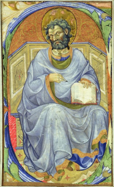 Historická iniciála „S“ zobrazující sedícího evangelistu od Master of San Michele of Murano