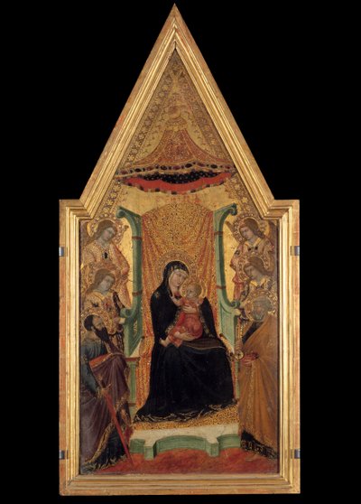 Panna v majestátu mezi svatým Pavlem, svatým Petrem a čtyřmi anděly oltářní obraz mistra Santa Maria (14. století). Rozměr 0,28 x 0,58 m. Avignon, Musee du Petro Palais od Master of Santa Maria di Castello