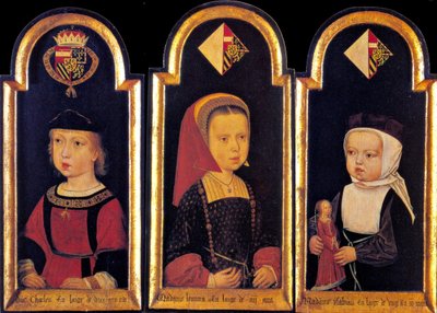 Arcivévoda Karel, pozdější císař Svaté říše římské Karel V., se svými sestrami Eleonorou a Isabelou ve věku 2 let, 1502 od Master of St.Georgsgilde