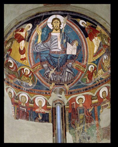 Christ in Majesty lemovaný serafíny a symboly evangelistů, freska apsidy ze San Climente in Taull (Tahull) Katalánsko, kolem 1123 (freska) od Master of Tahull