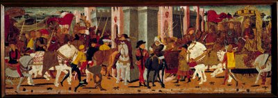 Triumfální vstup římského císaře Vespasiana (9-79) a jeho syna Tita do Říma. Detrempe na dřevě mistra De Tournon De Sainte Croix od Master of Tournon de Sainte Croix