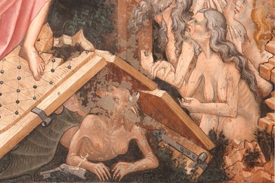 "Vzkříšení" a "Sestup do limba", Detail "Sestupu do limba": brány pekla a postava ďábla na zemi, kolem 1420 (freska) od Master of Vignola